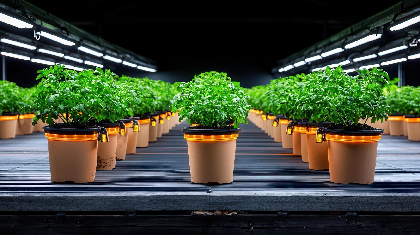 Rows of potted herbs illuminated with LED grow lights in a modern indoor farm Sustainable agriculture technology photo