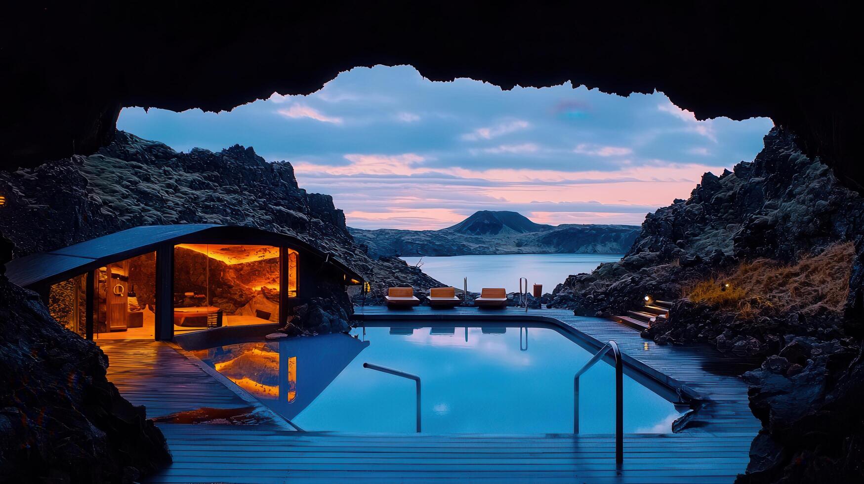 Luxurious Geothermal Pool Iceland Dramatic Cliffside Sunset View Cave Spa Resort photo