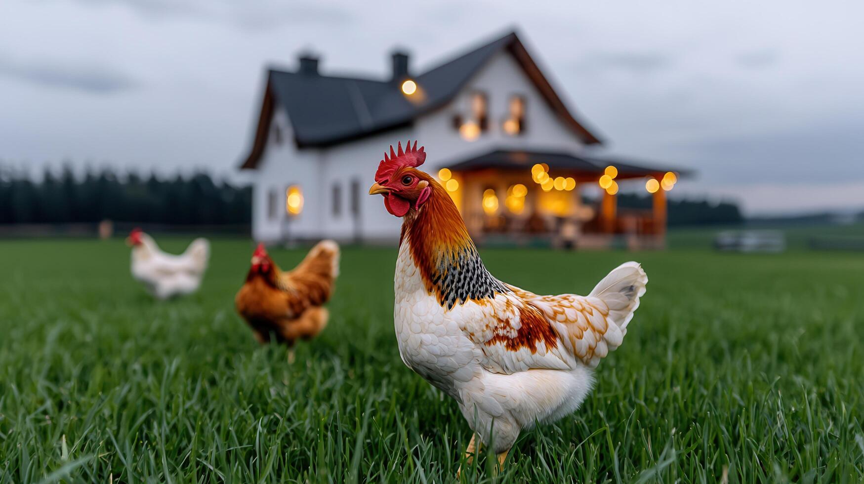 Free Range Chickens in Lush Green Pasture near Farmhouse at Dusk photo