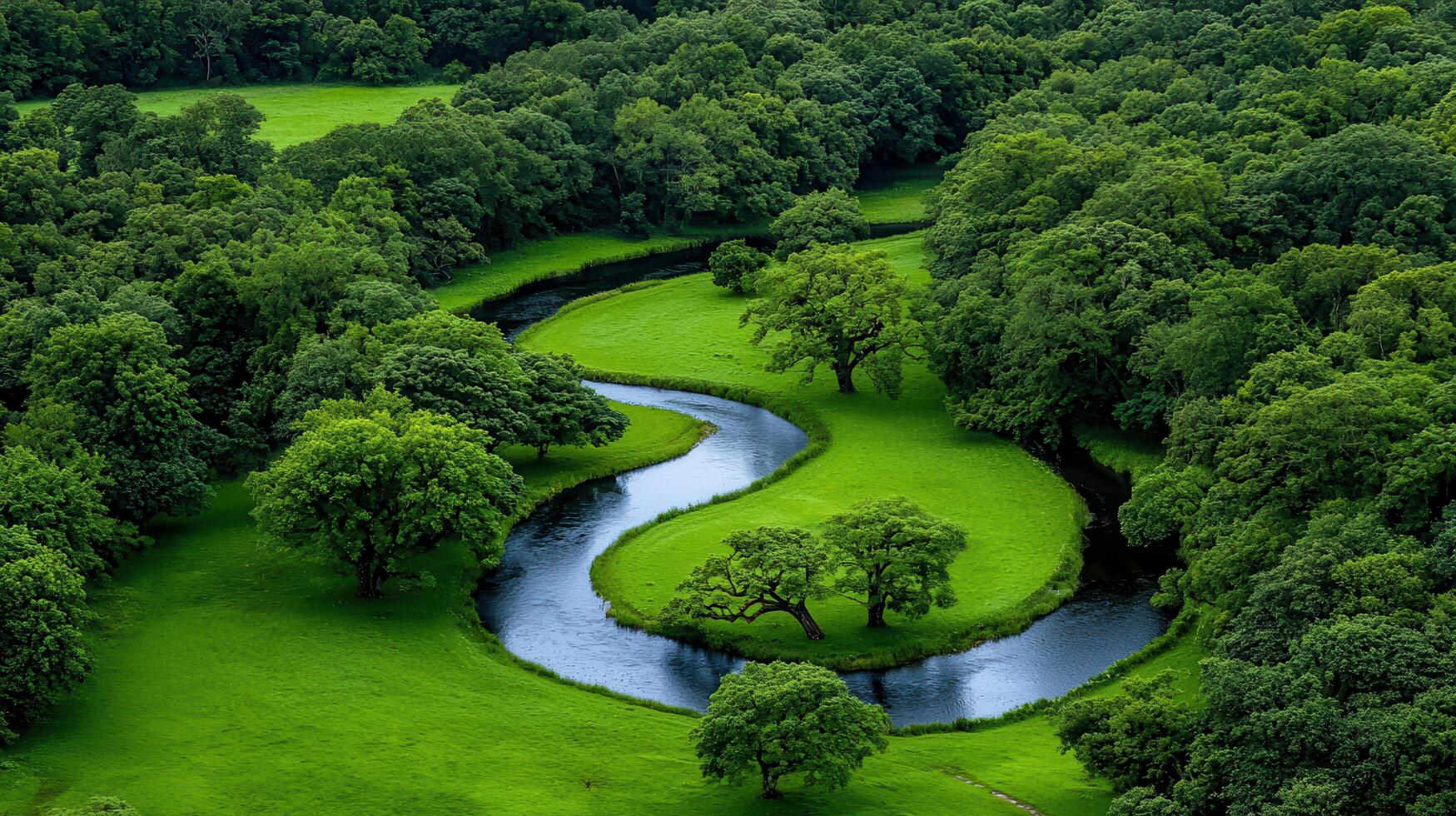 Serene River Winding Through Lush Green Meadows and Forests Tranquil Nature Scene photo