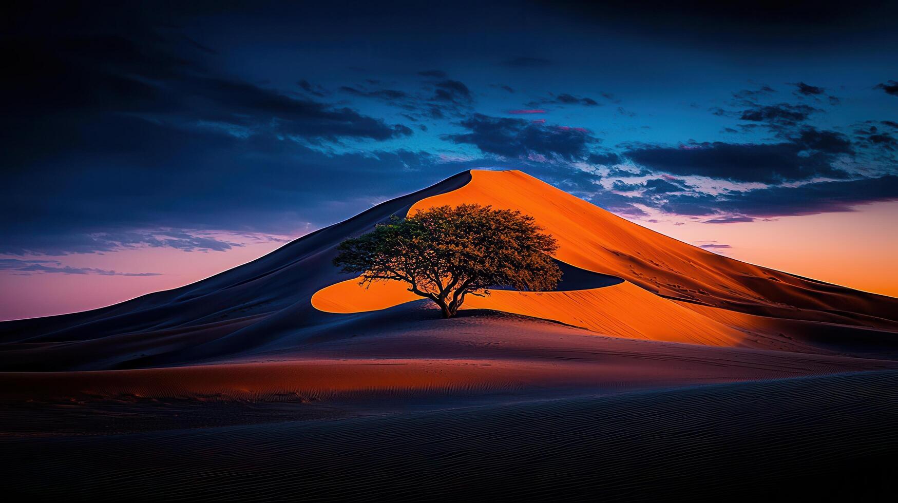 Solitary Tree on a Majestic Desert Dune at Sunset Dramatic Landscape photo