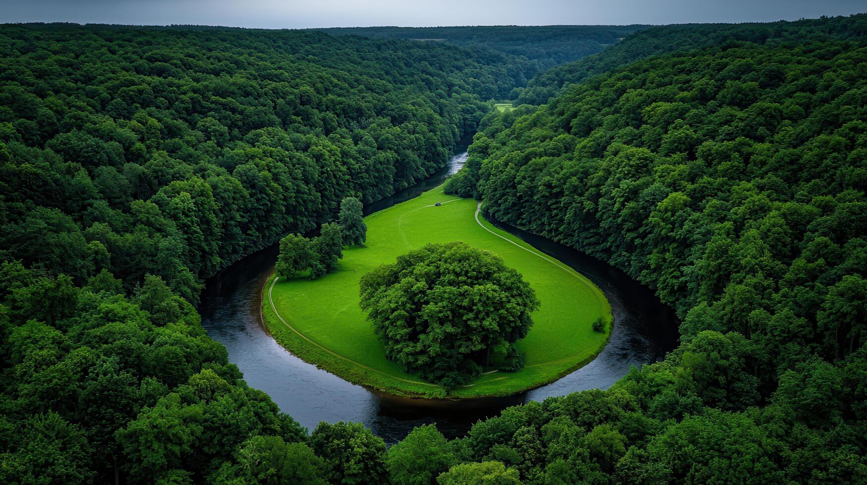 Serene Aerial View of a Lush Green Island in a River Surrounded by a Dense Forest photo