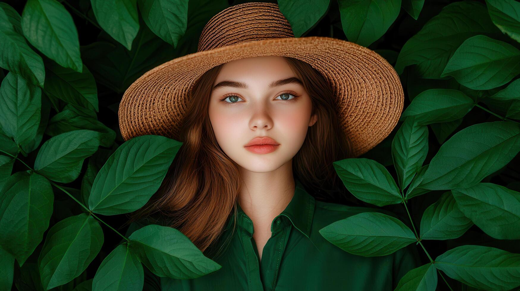 Beautiful Young Woman with Long Brown Hair Wearing a Straw Hat Surrounded by Lush Green Leaves photo