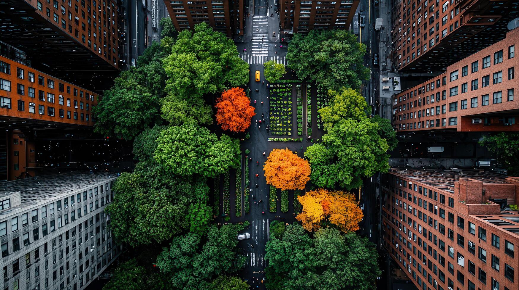 Aerial View of Urban Park with Autumn Trees Surrounded by City Buildings A Peaceful Oasis in the Bustling Metropolis photo
