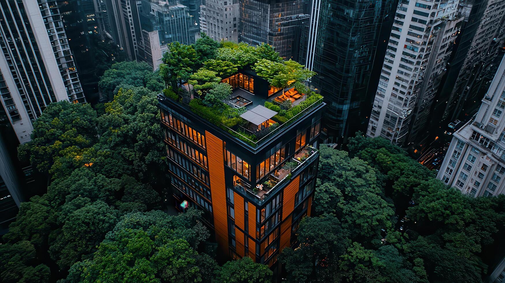 Modern city building with a lush rooftop garden amidst towering skyscrapers Eco friendly urban architecture design photo