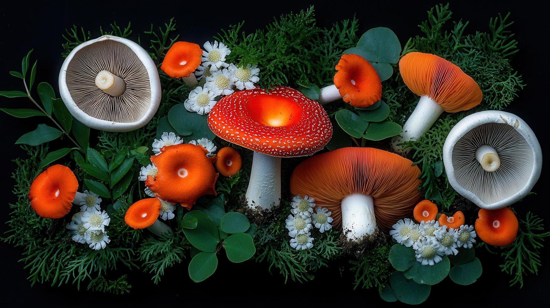 Vibrant Red and White Mushrooms with Delicate White Flowers in Lush Green Foliage A Stunning Nature Close Up photo
