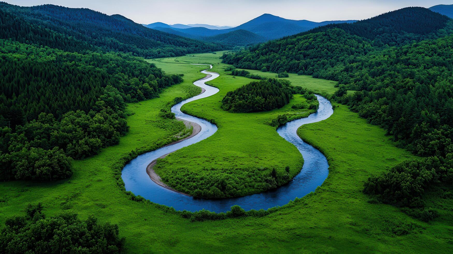 Serpentine River Winding Through Lush Green Valley Aerial View Stunning Nature Landscape photo