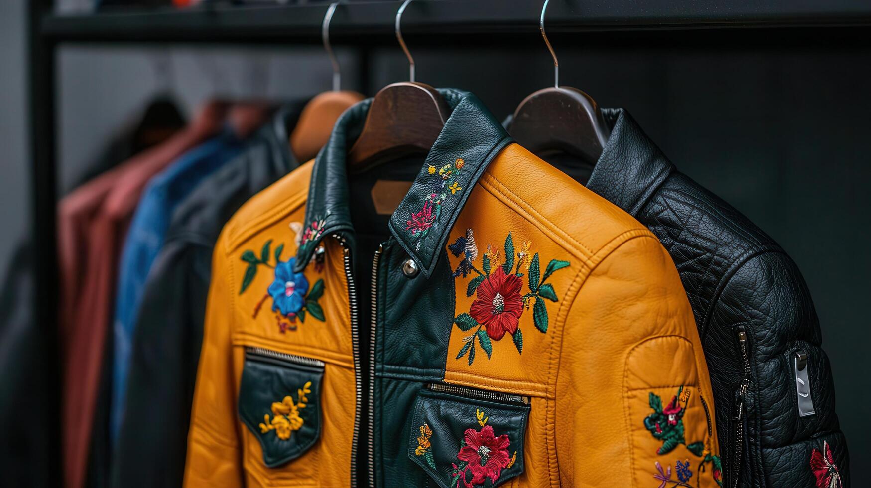 Stylish embroidered floral leather jacket hanging in a boutique shop Fashionable autumn winter clothing photo