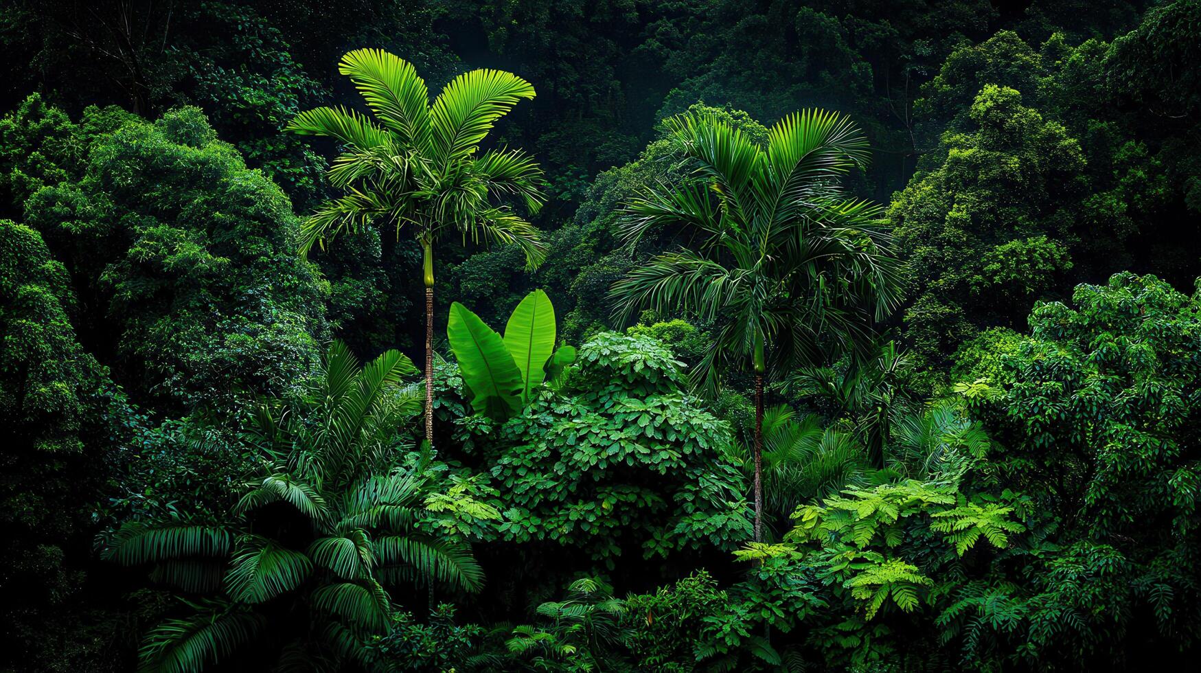Lush Tropical Rainforest Scene Vibrant Green Palm Trees and Foliage in a Dense Jungle Setting photo