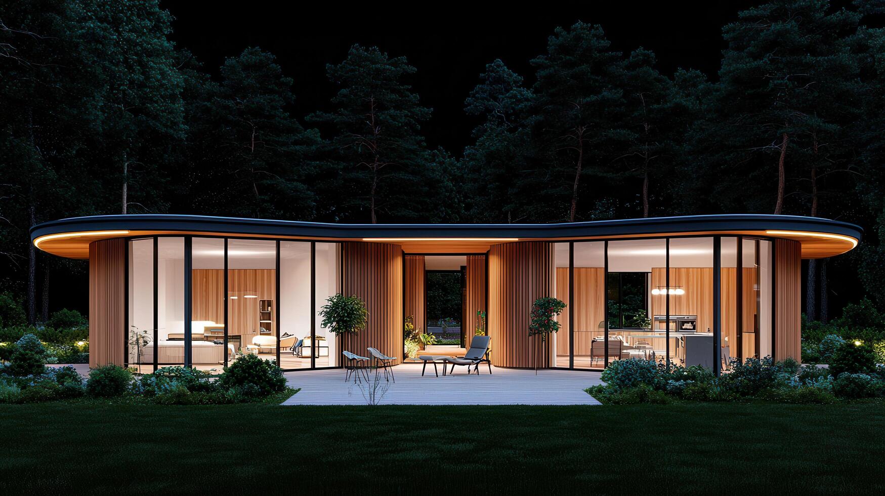 Modern curved house design at night illuminated stylish home exterior architecture in the woods photo