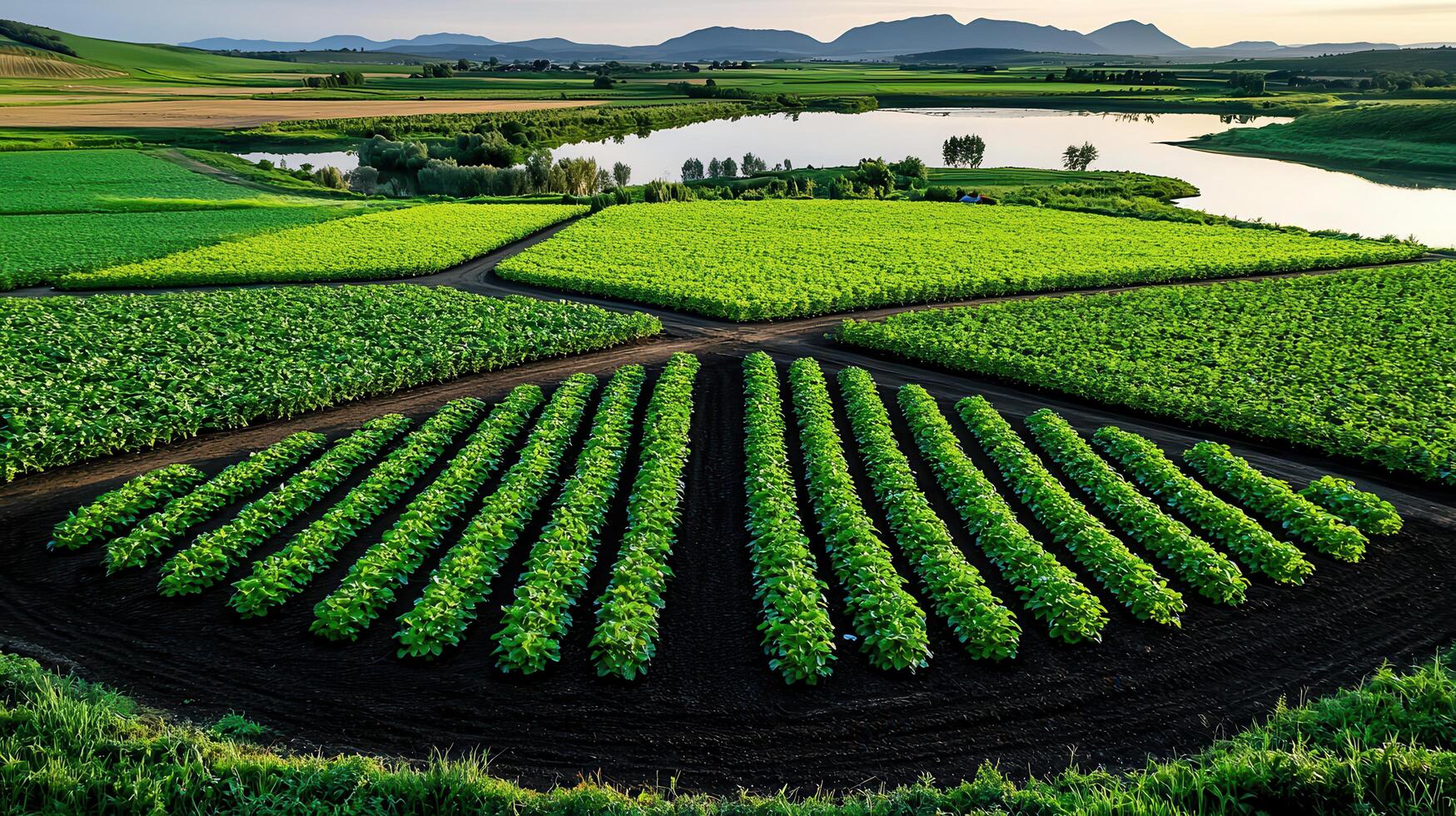 Lush Green Farmland Landscape Rows of Crops Serene Lake and Mountain View at Sunrise photo