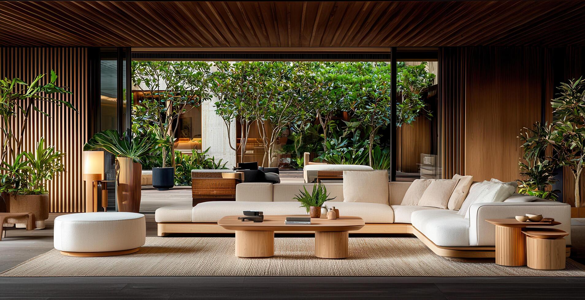 Modern Luxury Outdoor Lounge Set in Tranquil Garden Setting Elegant Wooden Furniture with Comfortable Cushions photo