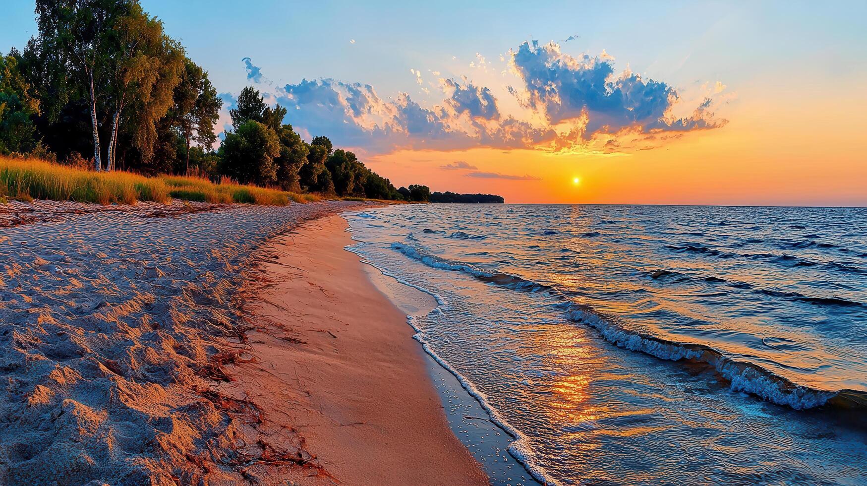 Stunning Sunset over Sandy Beach with Calm Ocean Waves and Lush Green Trees photo