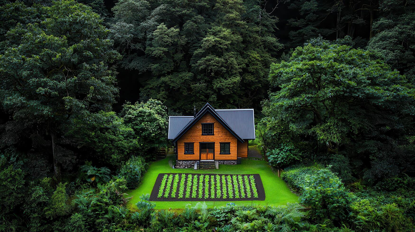 Secluded Wooden House nestled in Lush Greenery with a Vegetable Garden A tranquil escape in nature photo