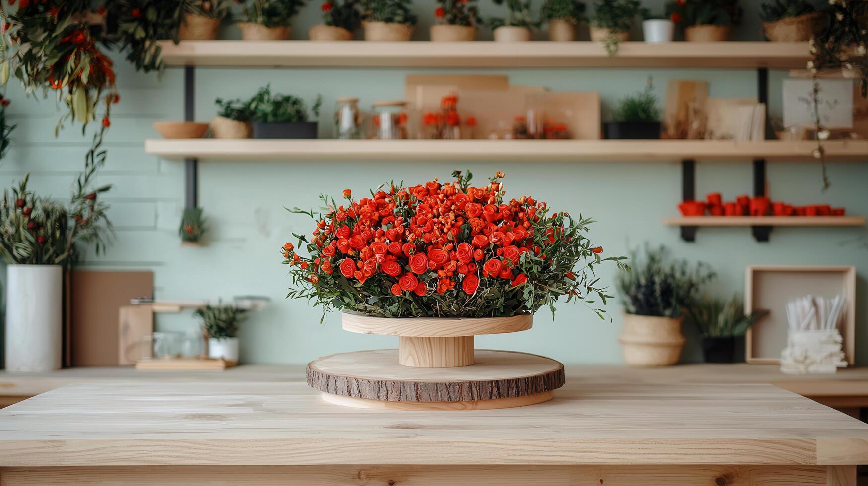 Vibrant Red Roses Flower Arrangement on Wooden Stand in a Floral Shop Setting photo