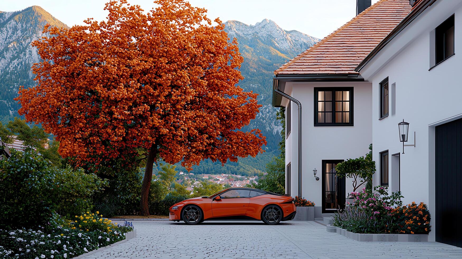 Orange Sports Car Parked in Front of a Modern House with Autumn Tree and Mountain View photo