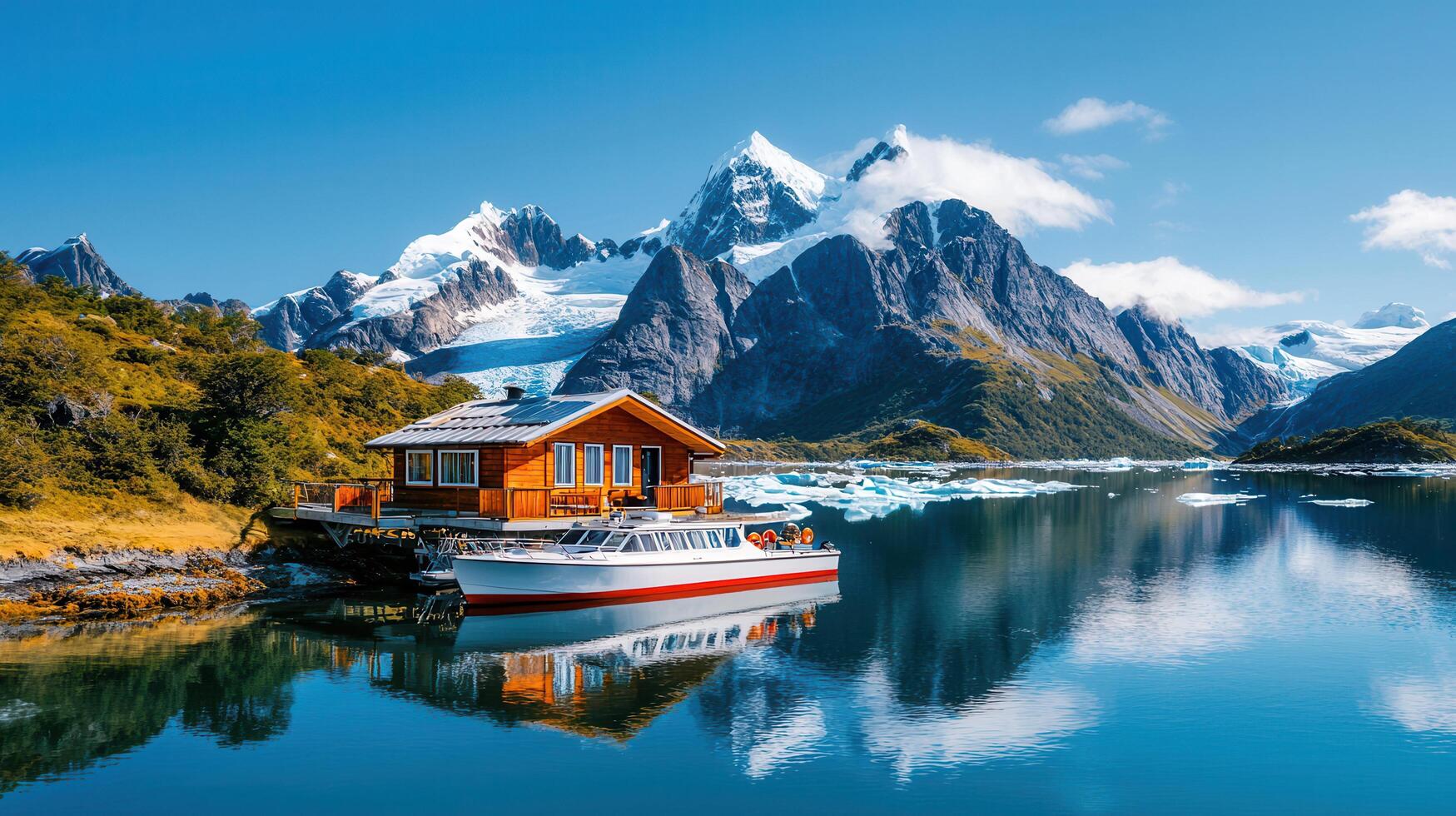 Stunning Wooden Cabin by Fjord with Boat Scenic Mountain View Glacier Reflection Peaceful Travel photo