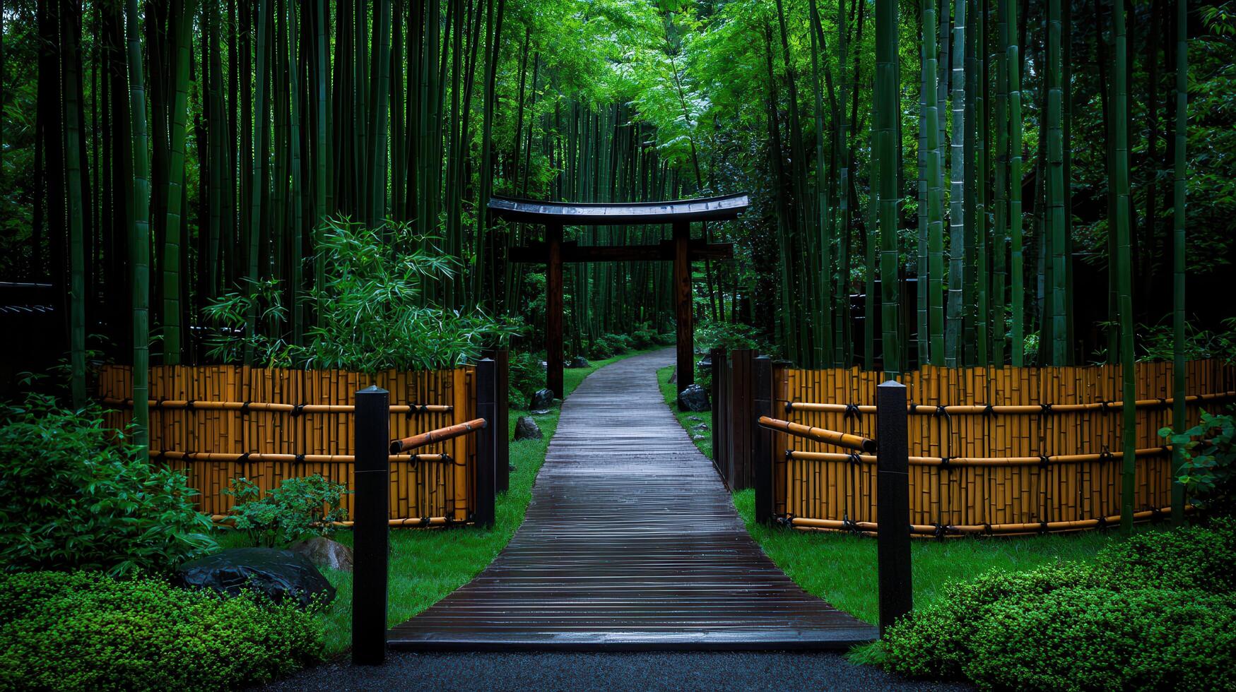 Serene Bamboo Forest Path leading to Traditional Japanese Torii Gate Tranquil Nature Walkway scene photo
