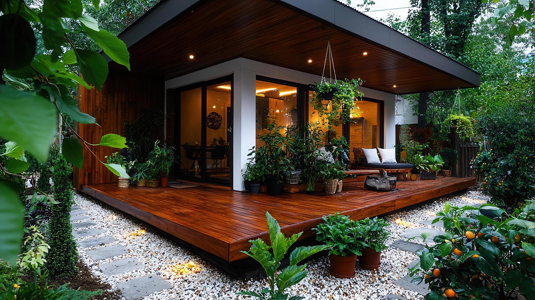 Modern Wooden Deck Design with Lush Greenery and Potted Plants Surrounding a Cozy Outdoor Patio photo