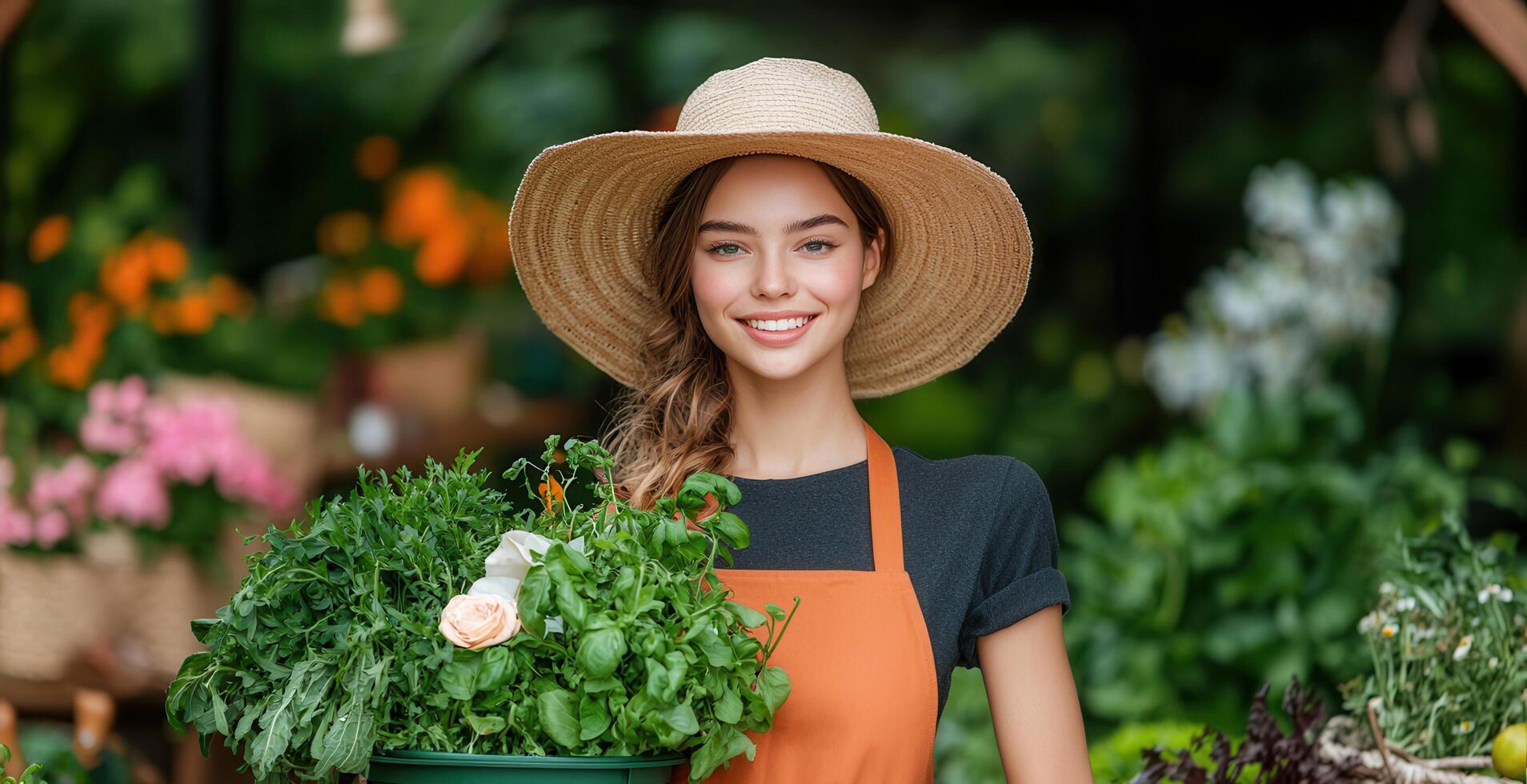 Happy young woman gardener holding potted plants in a flower shop Smiling female florist wearing a straw hat and apron photo