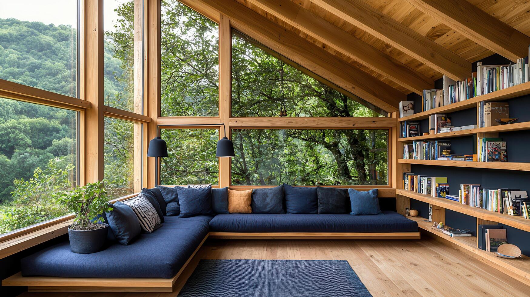 Relaxing Modern Cabin Living Room with Panoramic Forest Views and Built in Bookshelves photo