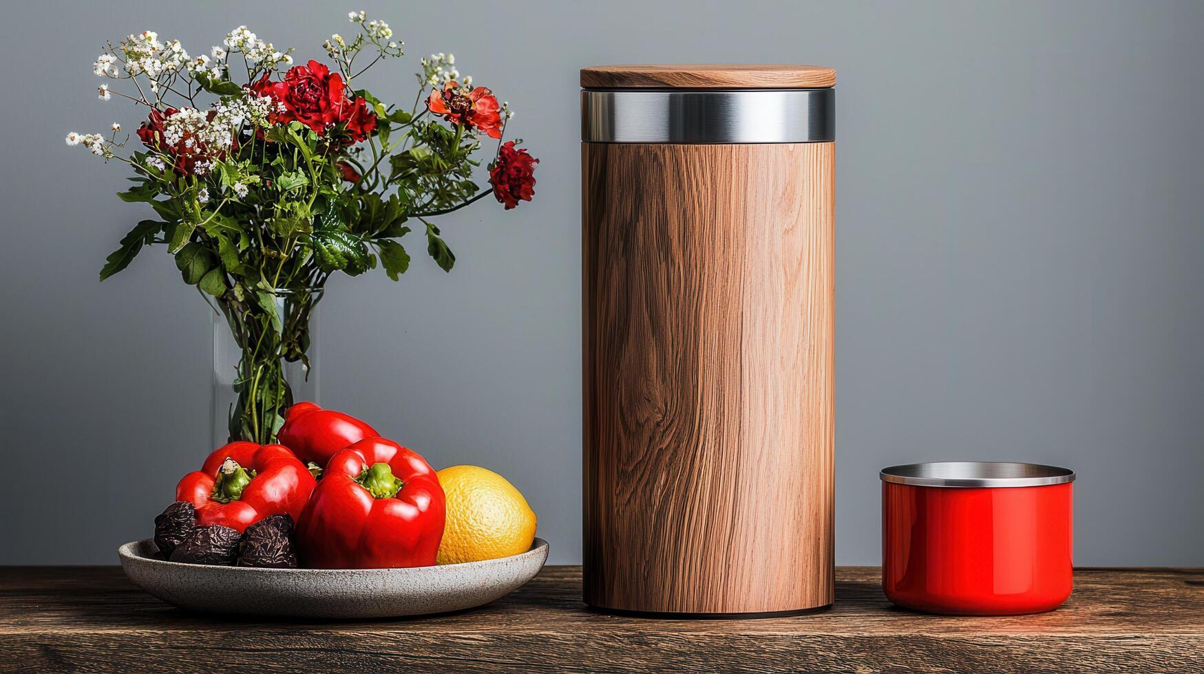 Stylish Wooden and Steel Kitchen Storage Container with Red Peppers and Lemon on Table photo