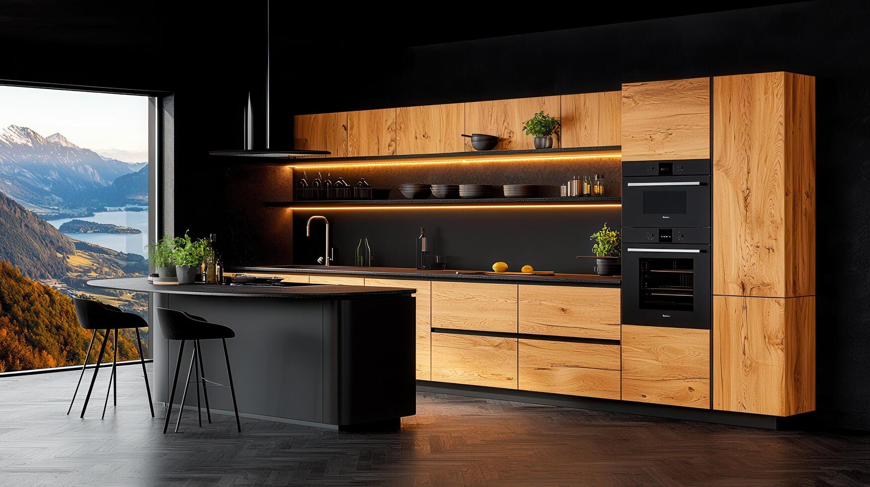Modern Luxury Kitchen Design with Stunning Mountain View Oak Cabinets and Black Countertops photo