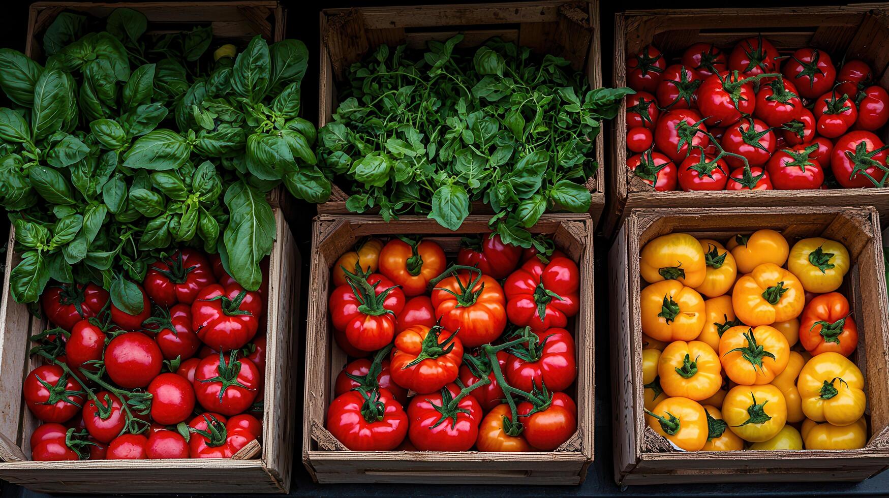Fresh Tomatoes and Basil in Wooden Crates at Farmers Market Colorful Vegetables Ready for Sale Healthy Food Concept photo