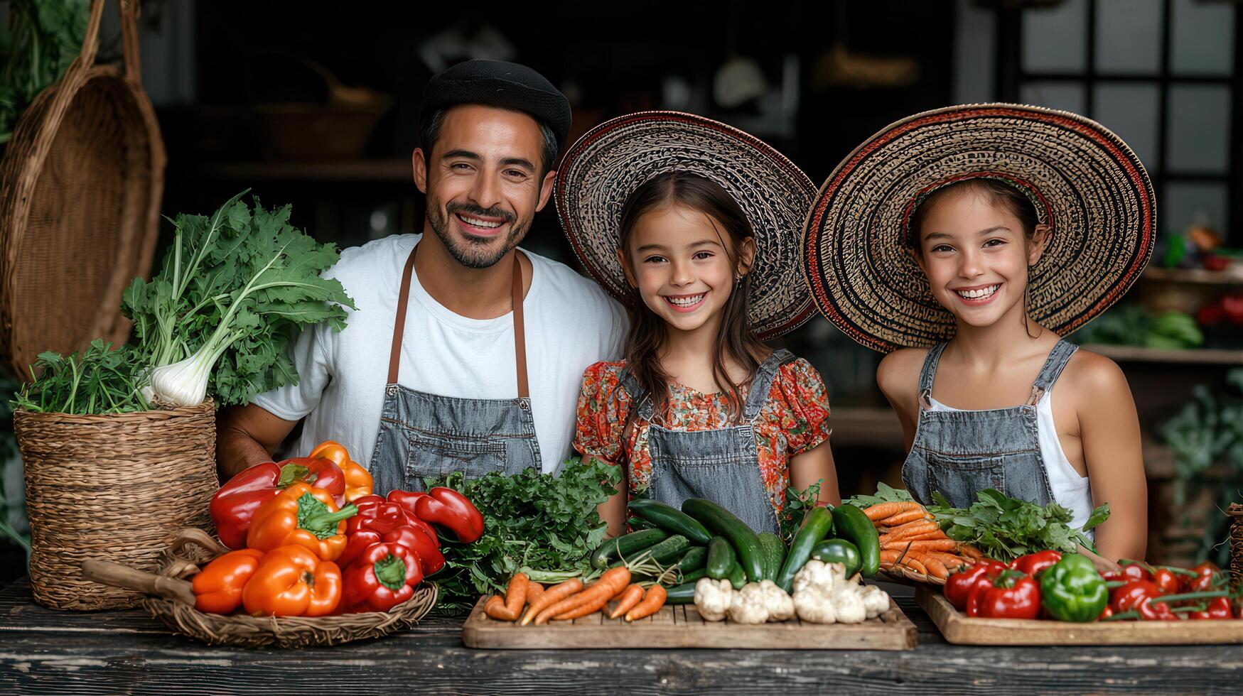 Happy Family of Farmers Selling Fresh Organic Vegetables at a Farmers Market photo