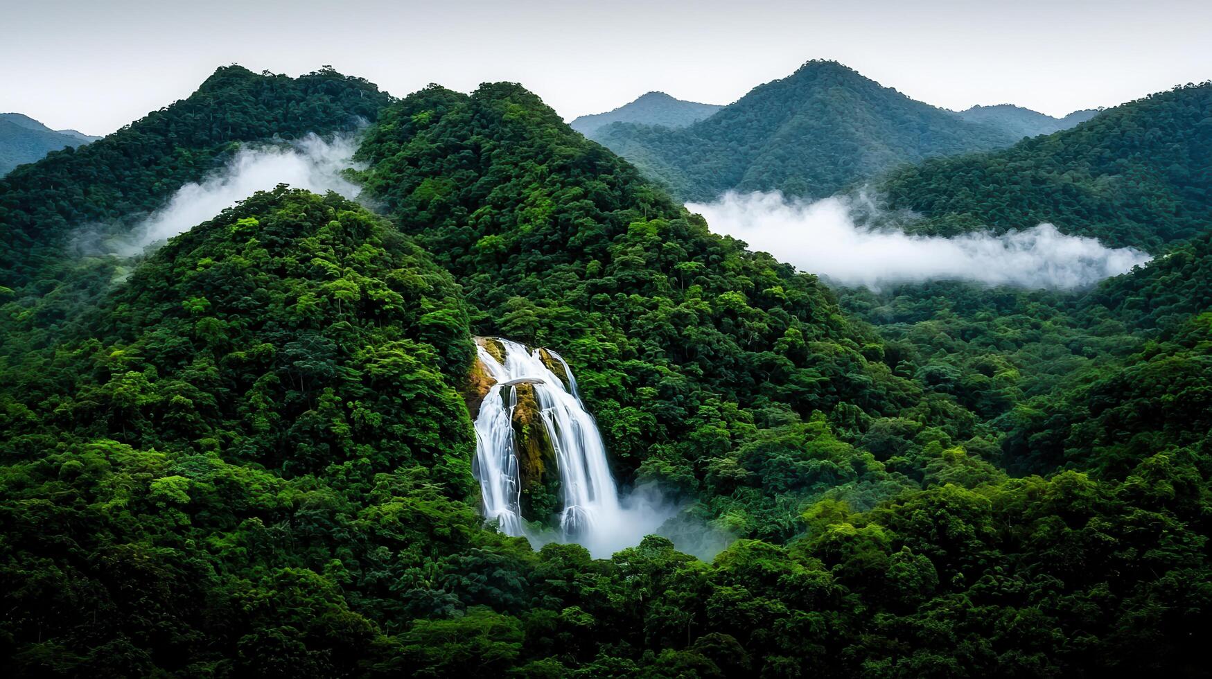 Majestic Waterfall Cascading Through Lush Green Mountains on a Misty Day Serene Nature Scene photo