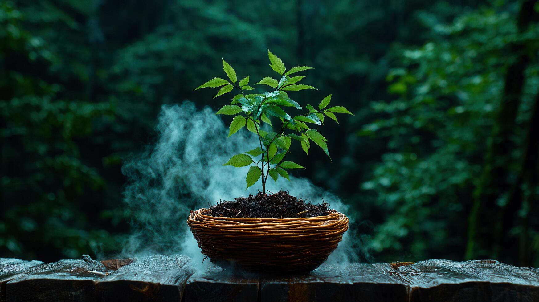 Young Plant in a Basket Enveloped by Mist in a Lush Forest Setting A Mystical Nature Scene photo