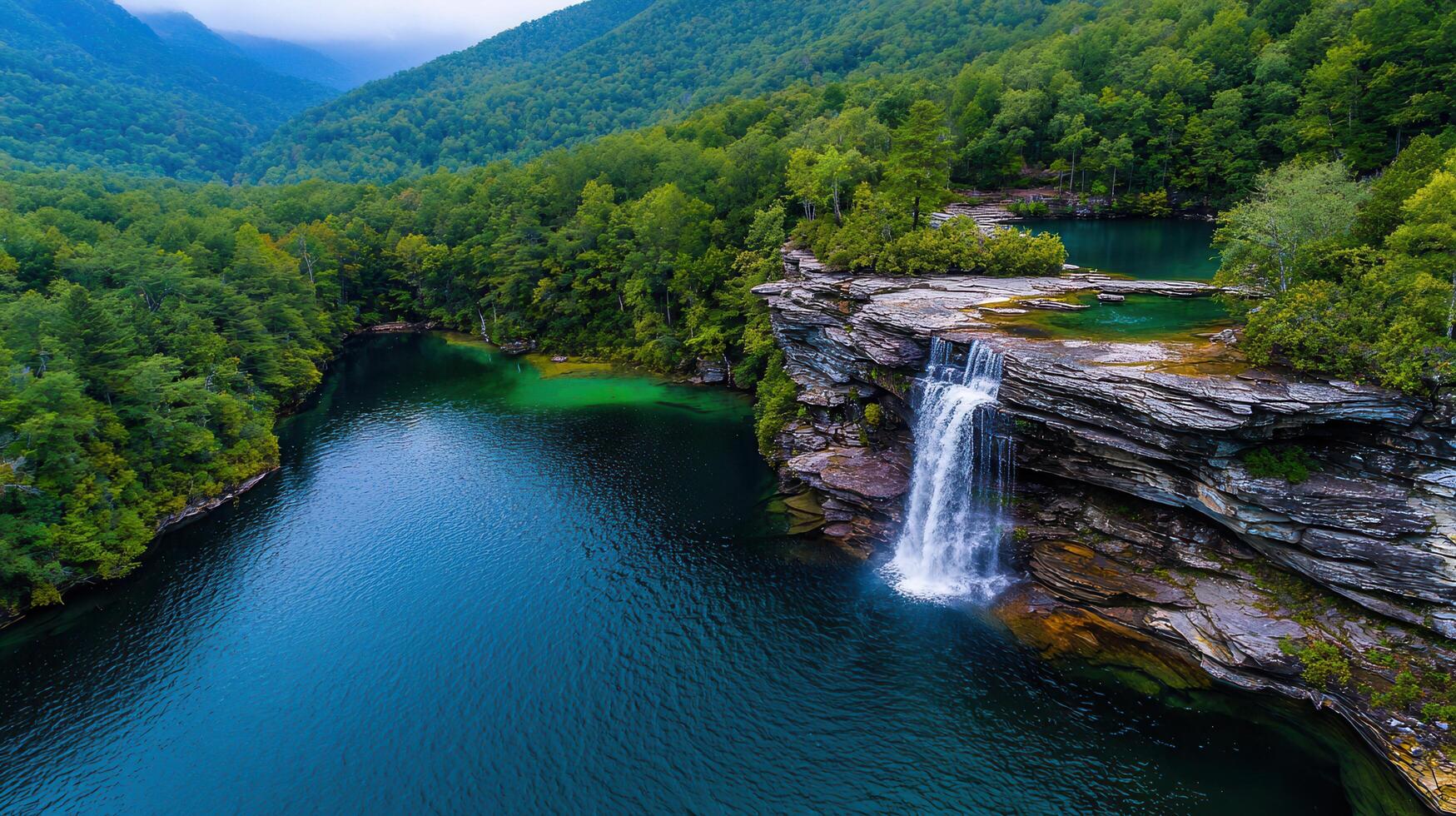 Stunning Waterfall cascading into a serene lake nestled within a lush green forest landscape Breathtaking nature scenery photo