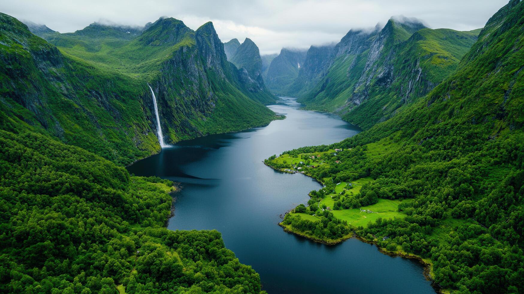 Serene Fjord Landscape Majestic Mountains Waterfall Green Valley Aerial View photo