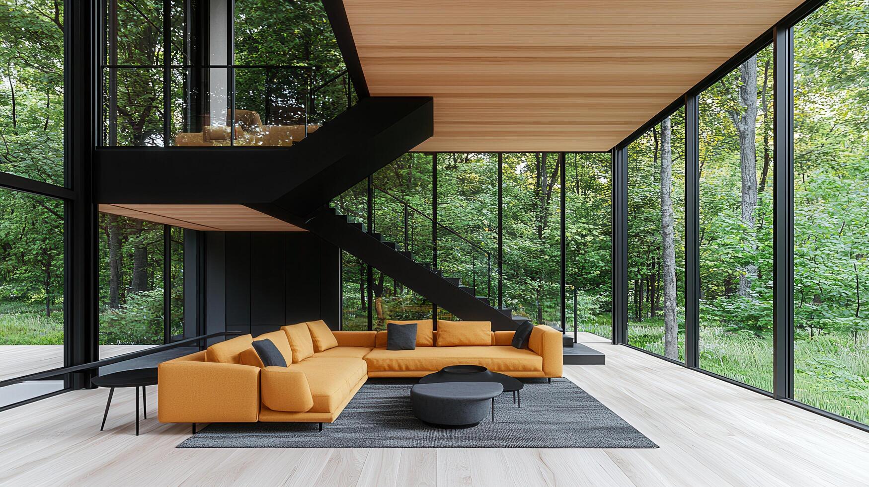 Modern Luxury Home Design Yellow Sofa in Open Plan Living Room with Floor to Ceiling Windows and Forest View photo