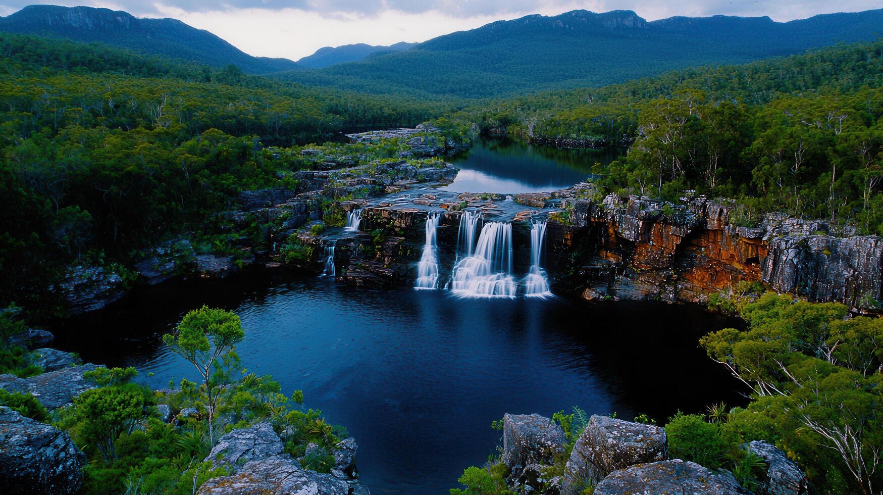 Serene Waterfall Cascading into a Deep Blue Pool Surrounded by Lush Green Foliage and Mountains photo