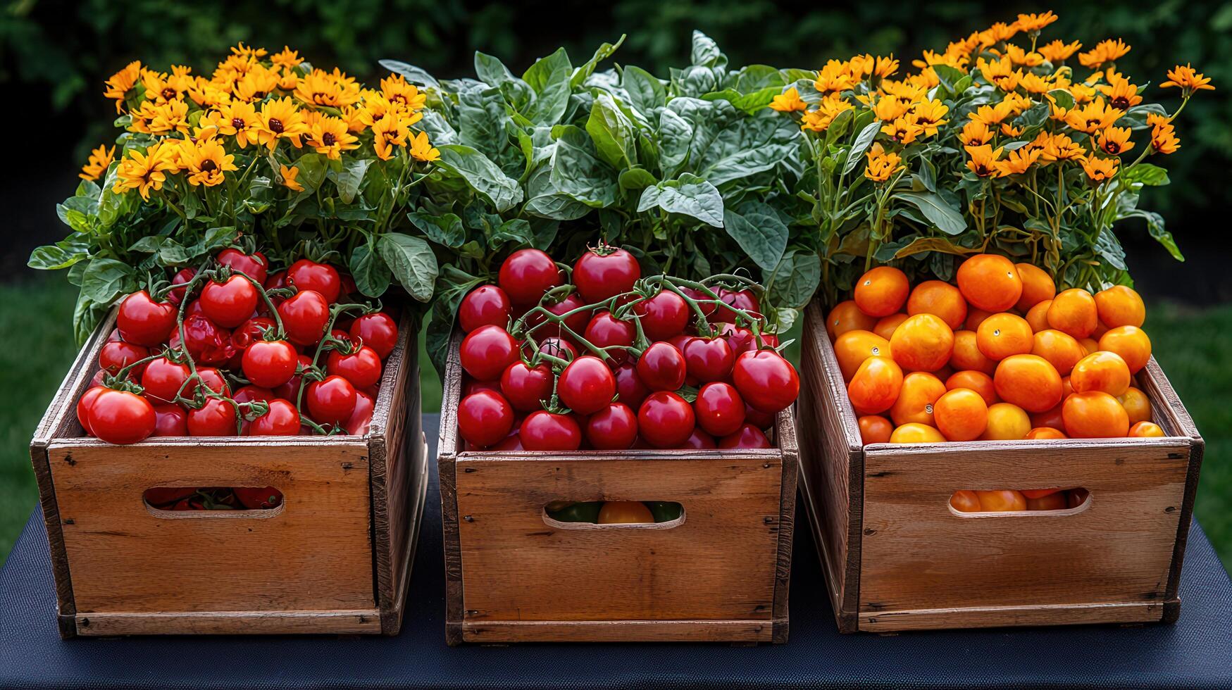 Fresh Red and Yellow Cherry Tomatoes in Wooden Crates with Yellow Flowers A vibrant summer harvest scene photo