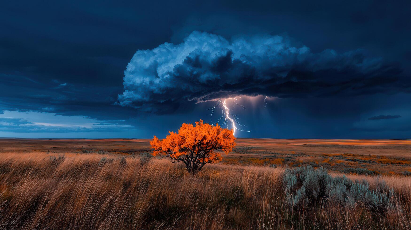 Dramatic Lightning Strike over Golden Prairie Landscape with Single Autumn Tree photo