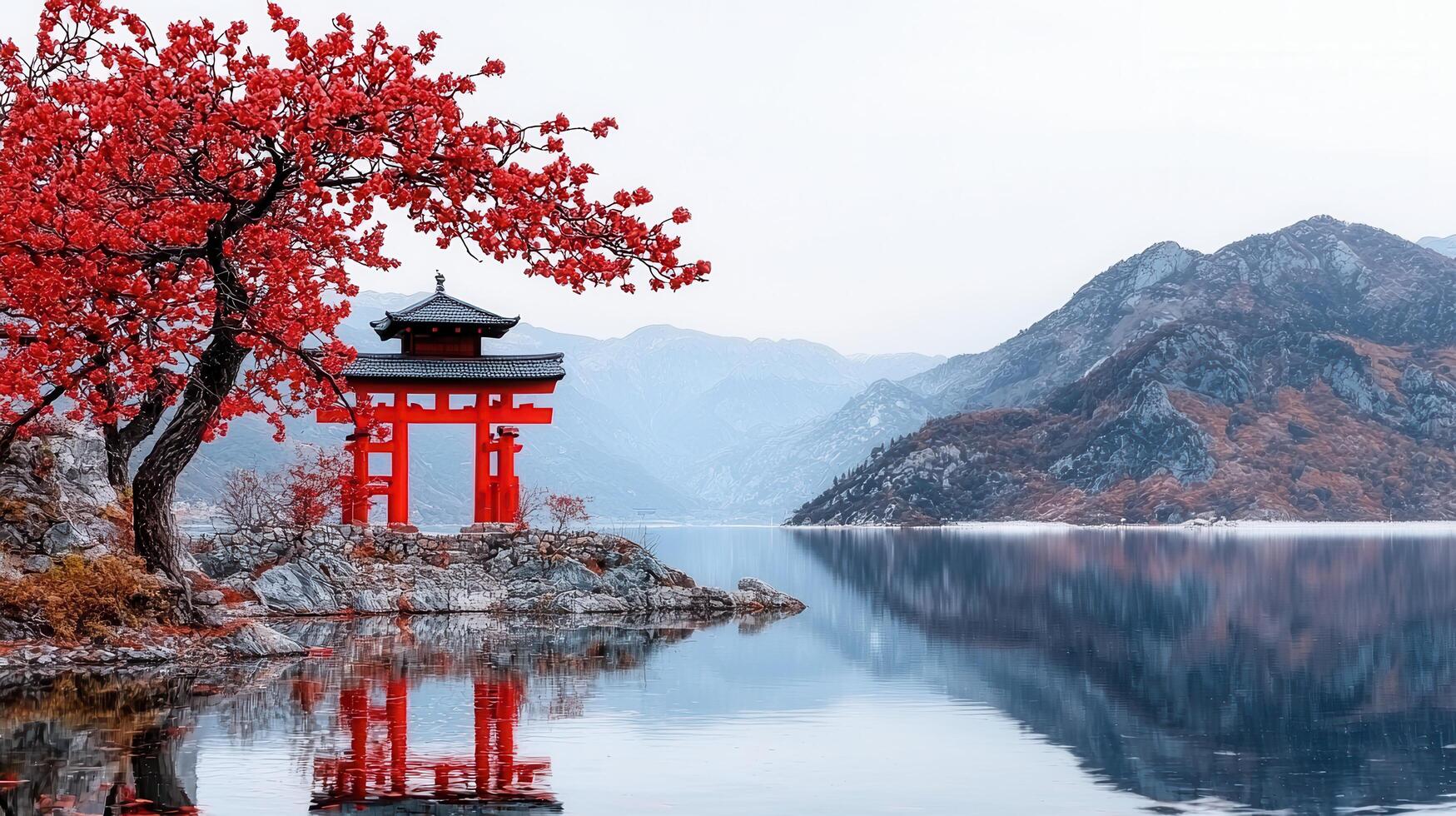 Serene Asian landscape Red torii gate by a tranquil lake surrounded by majestic mountains and a vibrant blossoming tree photo