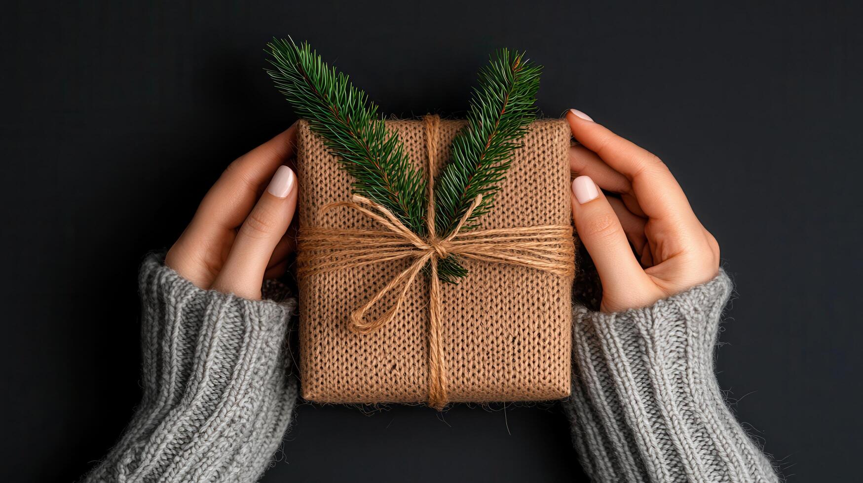 Woman s hands in a cozy knitted sweater hold a beautifully wrapped Christmas gift adorned with pine sprigs photo