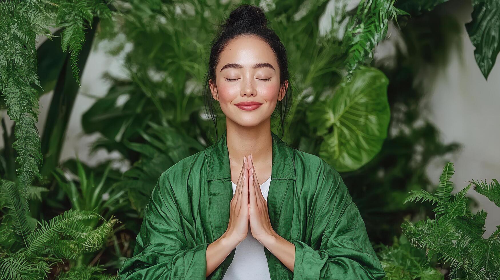 Serene Young Woman Meditating in Lush Greenery Peaceful Mindful Asian Female in a Tranquil Garden photo
