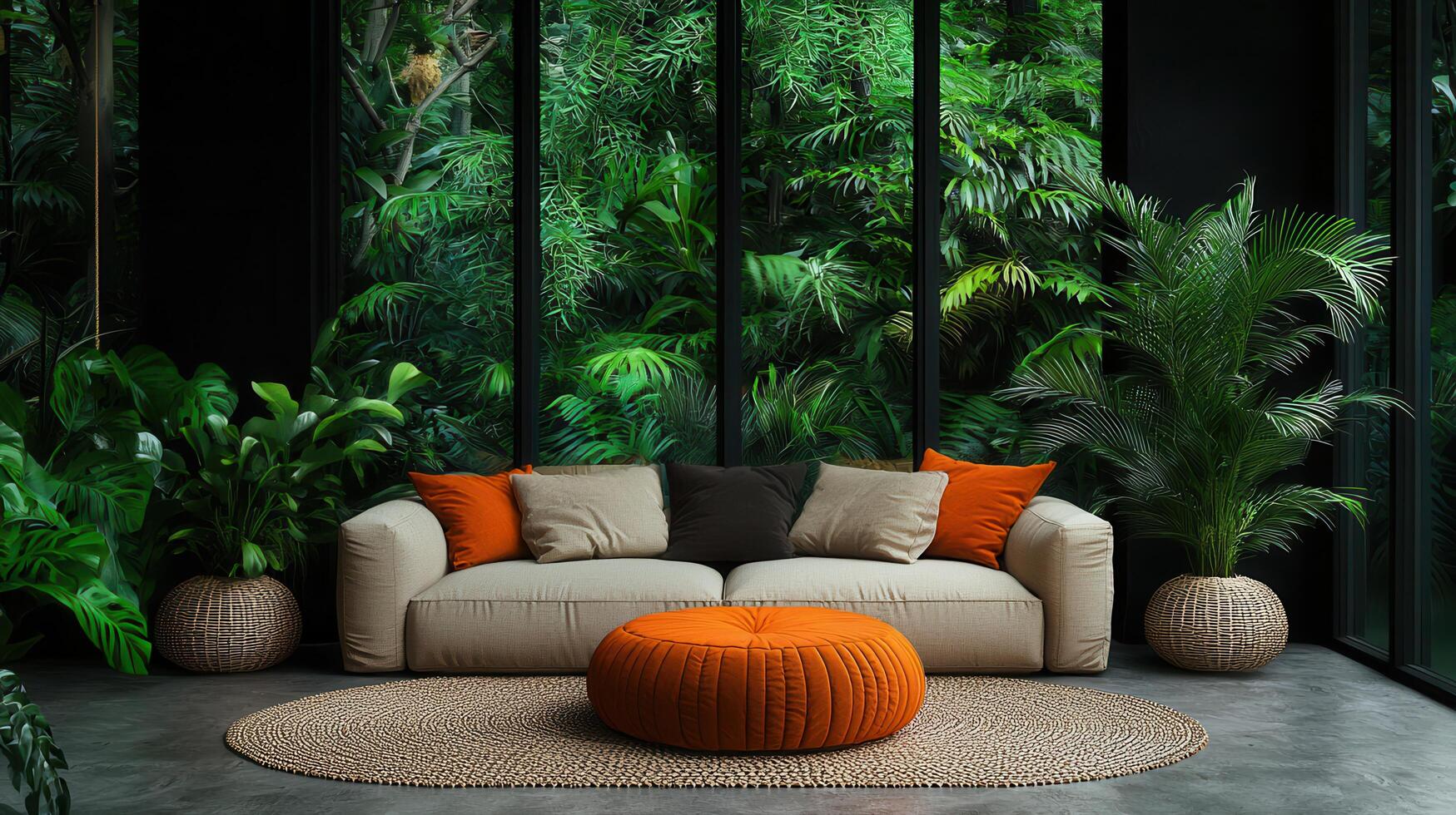 Modern Beige Sofa in Tropical Room with Lush Greenery and Orange Pouf Relaxing Interior Design Scene photo