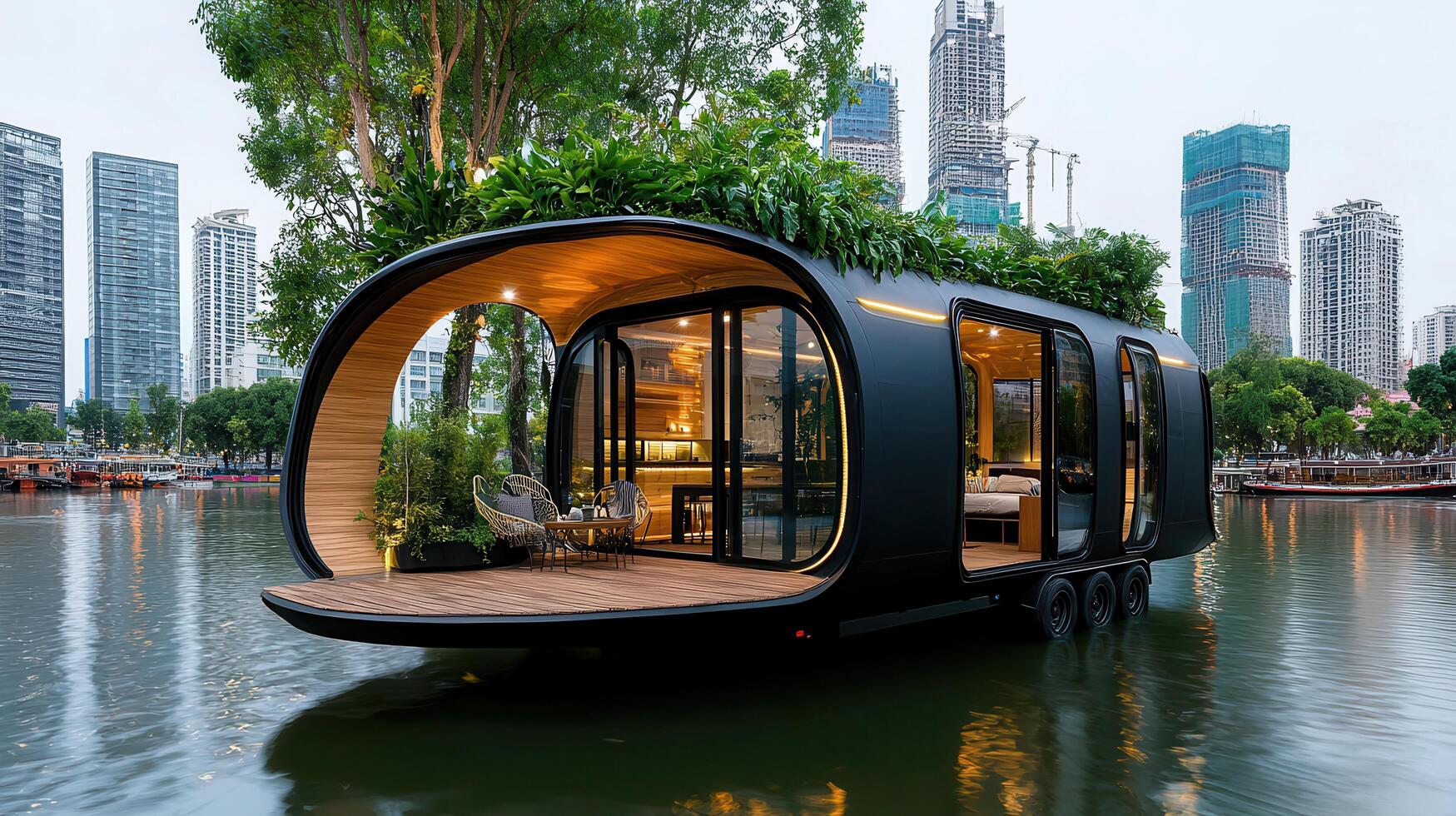 Modern Eco Friendly Floating Home on Calm Water near City Skyline at Dusk Luxurious Tiny House Design photo