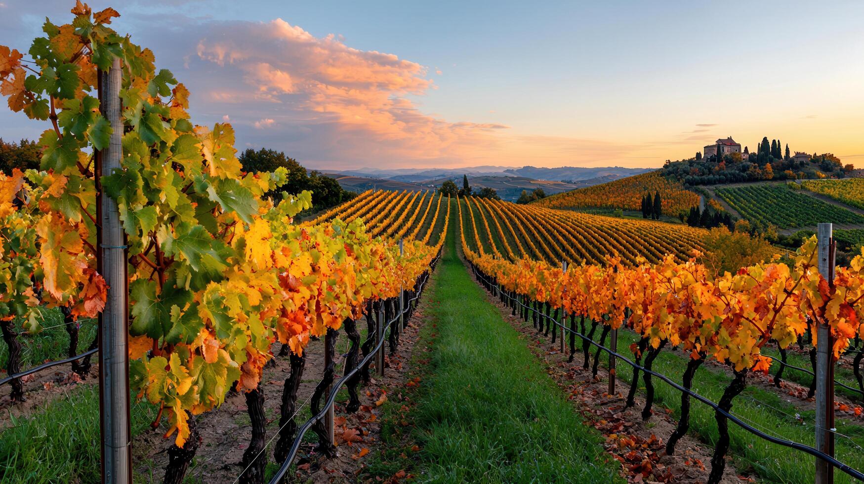 Stunning autumn vineyard landscape at sunset Rows of grapevines with colorful leaves Tuscany Italy photo