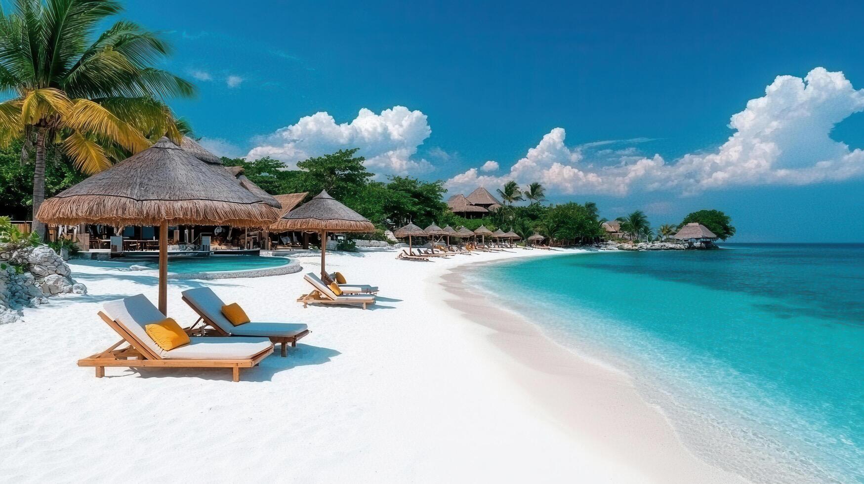 Idyllic Tropical Beach Scene Relaxing Loungers on Pristine White Sand Beach Turquoise Ocean Stunning Vacation Getaway photo
