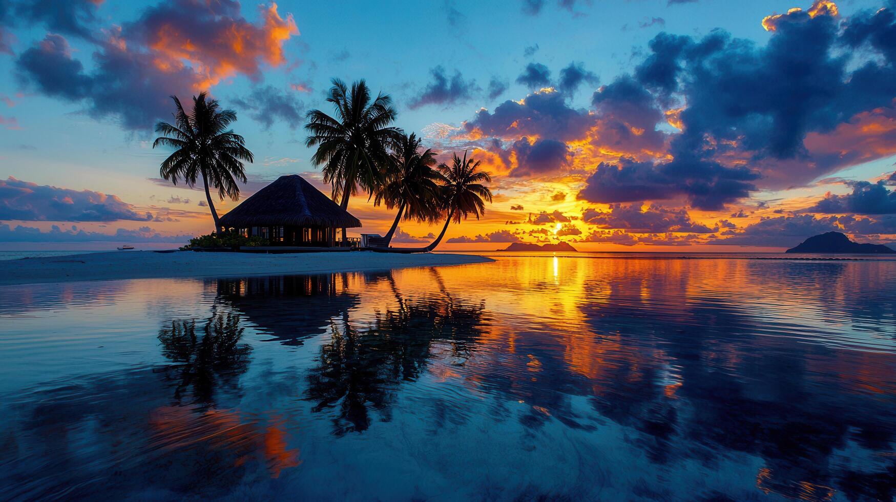 Stunning Tropical Sunset Over a Calm Ocean with Palm Trees and Beach Hut photo