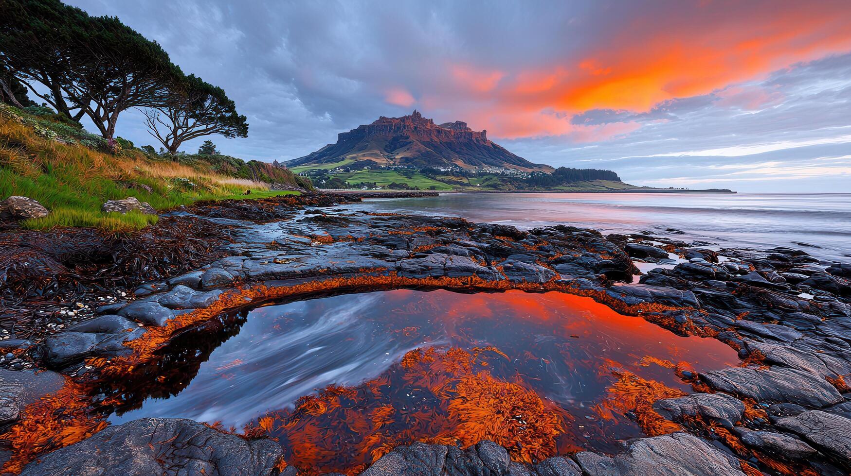 Stunning Coastal Sunset Landscape Dramatic Sky over Rocky Coastline and Ocean Tide Pool reflecting fiery colors photo