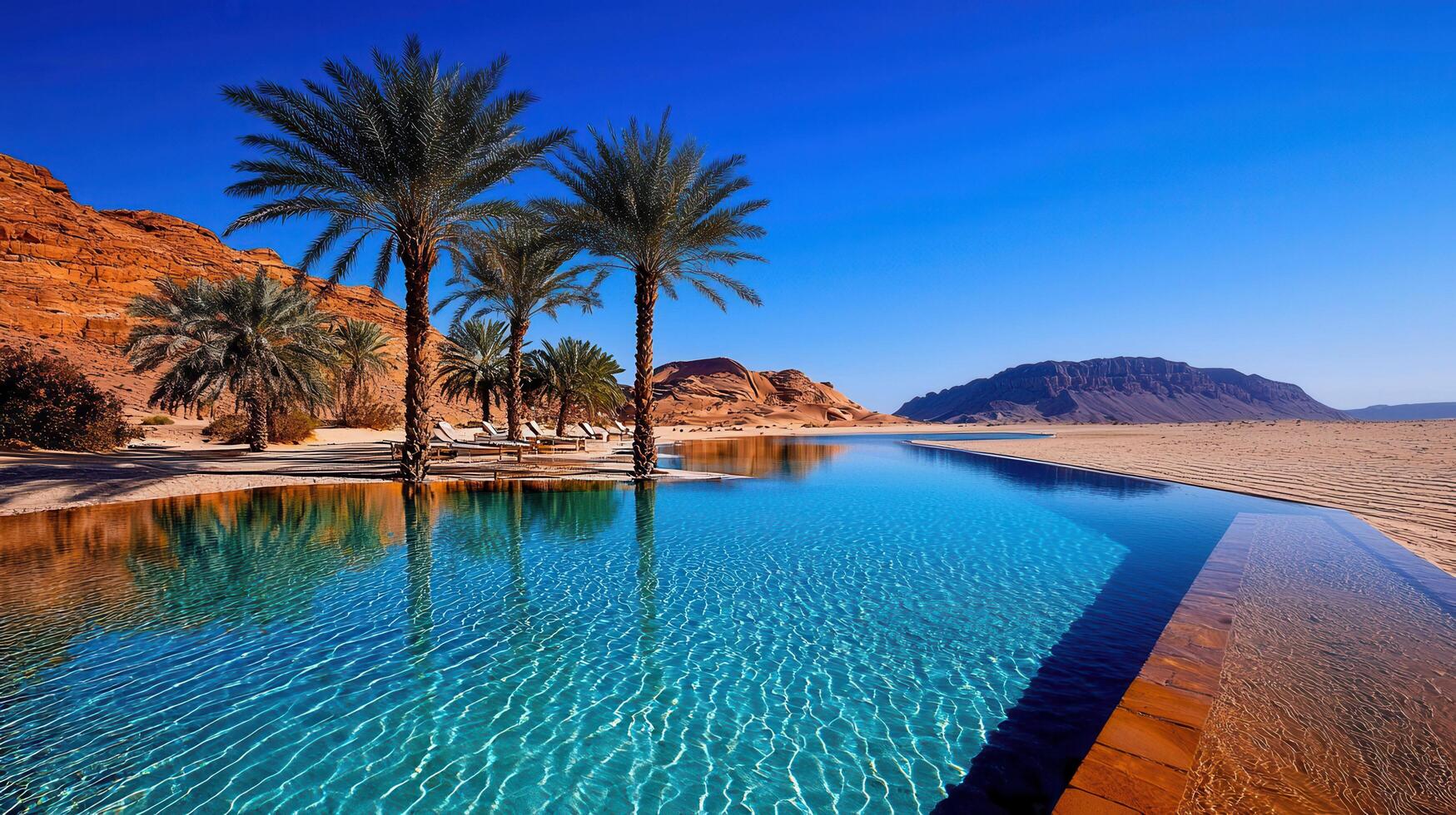 Stunning Desert Oasis Resort Infinity Pool with Palm Trees and Mountains Relaxing Luxury Getaway photo