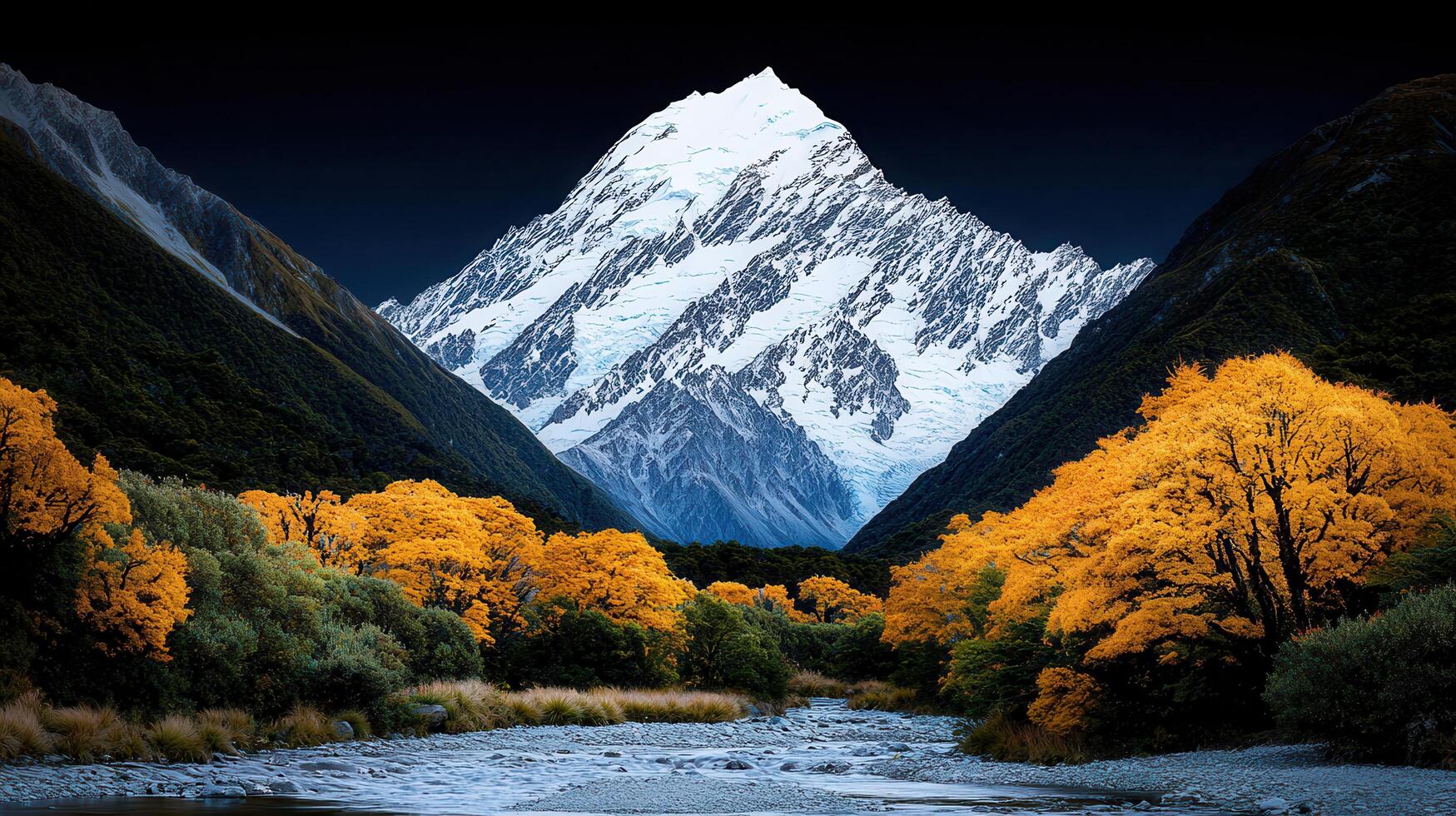 Majestic snow capped mountain peak overlooking autumnal trees and river valley Breathtaking nature landscape photo