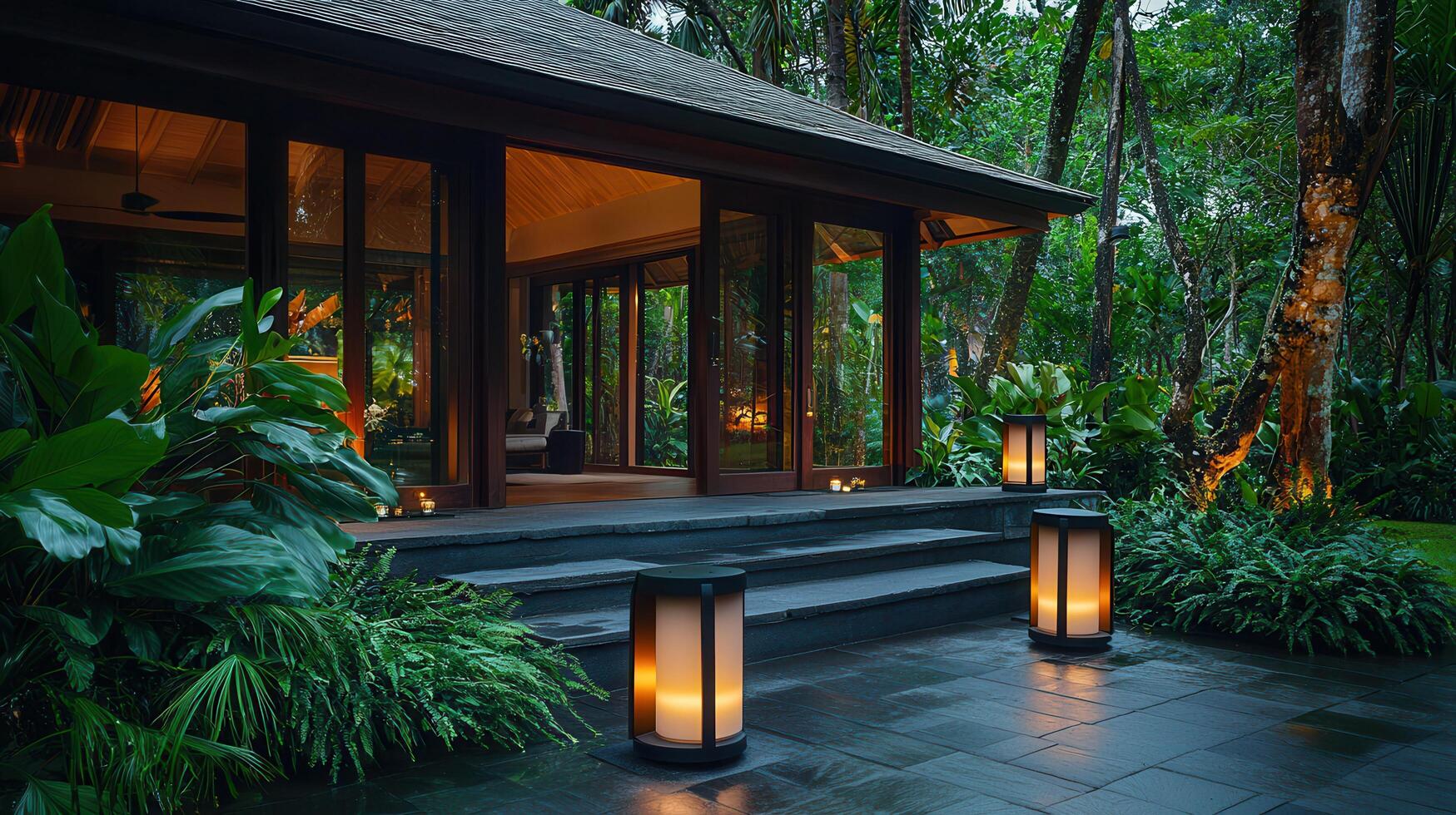 Serene Tropical Villa Entrance at Dusk with Illuminated Lanterns and Lush Greenery photo