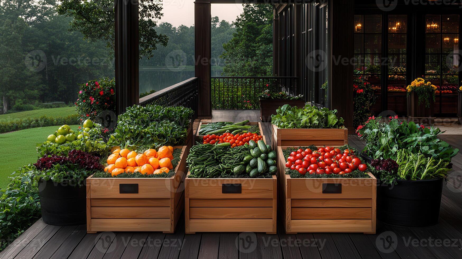 Fresh Organic Produce Displayed in Wooden Crates on a Deck Overlooking a Lake photo
